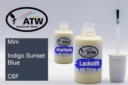 Mini, Indigo Sunset Blue, C6F: 20ml Lackstift + 20ml Klarlack - Set, von ATW Autoteile West.